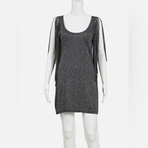 BCBG Maxazria Black/Silver Sparkling Long Fringe Sleeves Dress Womens Sz XS
